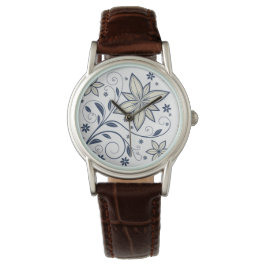Elegant Navy Blauw Bloempatroon | Horloge