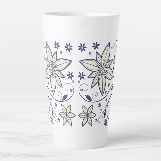 Elegant Navy Blauw Bloempatroon | Latte Mok (Voorkant)