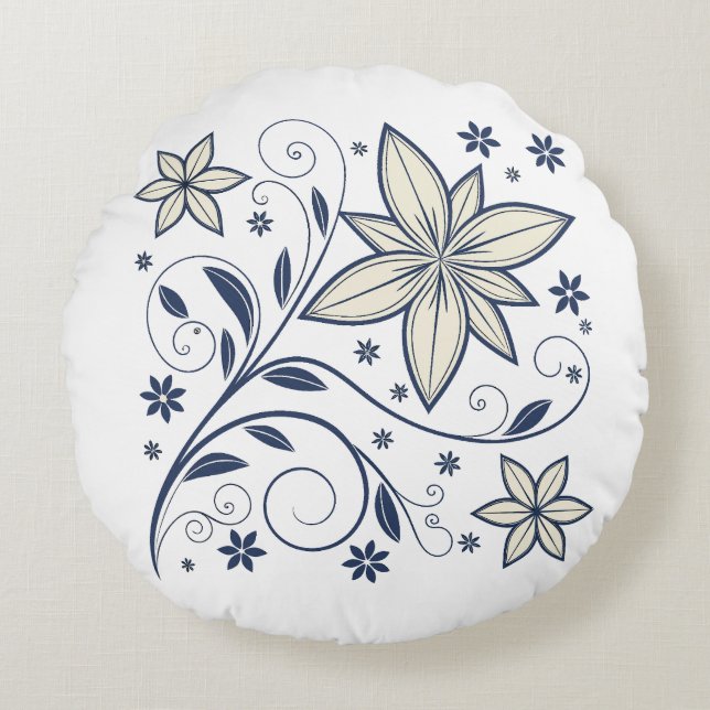 Elegant Navy Blauw Bloempatroon | Rond Kussen (Voorkant)