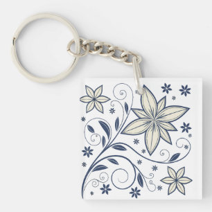 Elegant Navy Blauw Bloempatroon Sleutelhanger