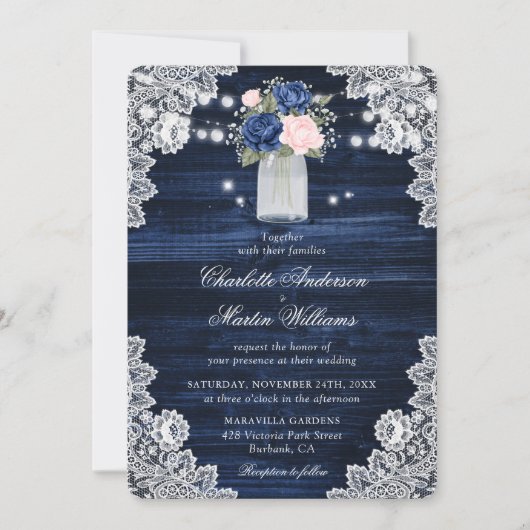 Elegant Navy Blauw Blush Bloemen Bruiloft Kaart (Voorkant)