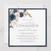 Elegant Navy Blauw Blush Roze Bloemen Heilige Comm Kaart (Voorkant)