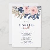 Elegant Navy Blauw Blush Roze Bloemen Pasen Lunch Kaart (Voorkant)