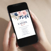 Elegant Navy Blauw Blush Roze Bloemen Pasen Lunch Kaart