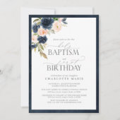 Elegant Navy Blauw Blush Roze Doop 1e Verjaardag Kaart (Voorkant)