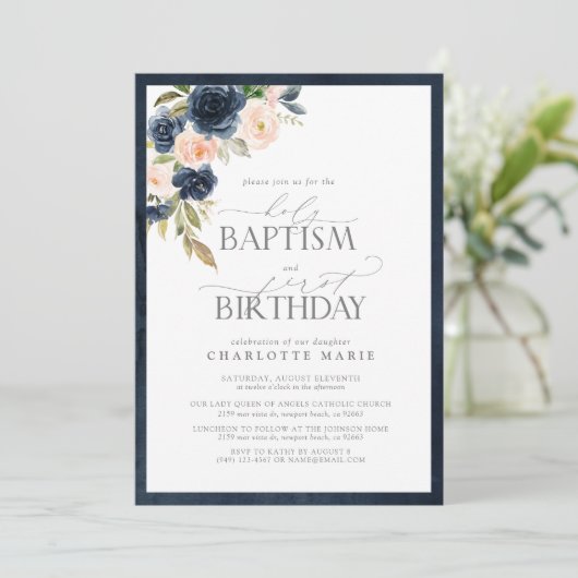 Elegant Navy Blauw Blush Roze Doop 1e Verjaardag Kaart (Staand voorkant)