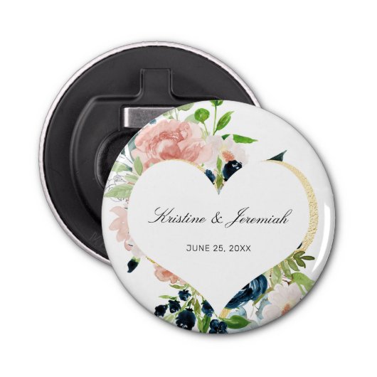 Elegant Navy Blauw Blush Roze Rose Bloemen Bruilof Button Flesopener (Voorkant)