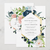 Elegant Navy Blauw Blush Roze Rose Bloemen Bruilof Kaart (Voorkant / Achterkant)