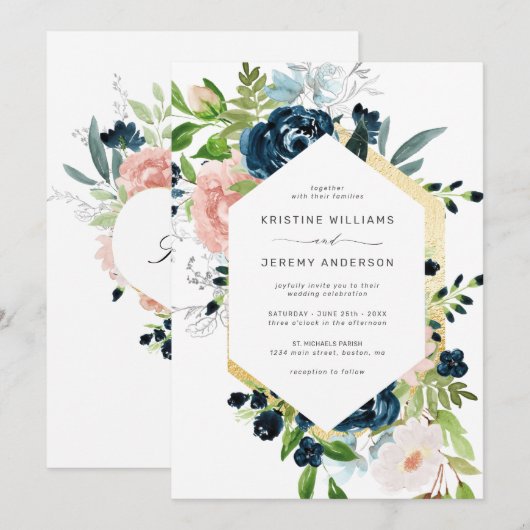 Elegant Navy Blauw Blush Roze Rose Bloemen Bruilof Kaart (Voorkant / Achterkant)