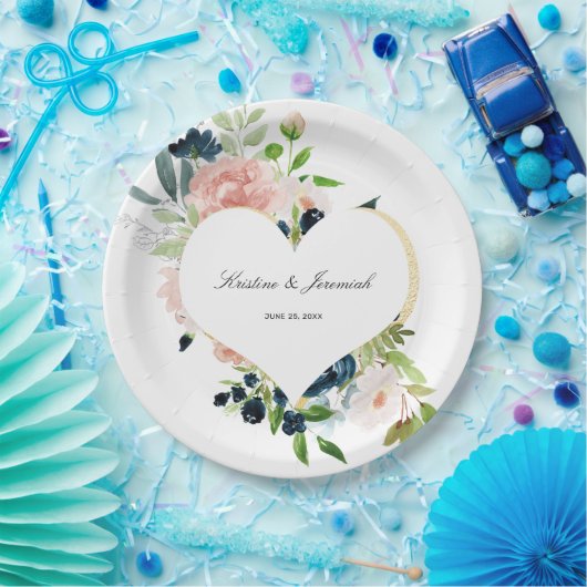 Elegant Navy Blauw Blush Roze Rose Bloemen Bruilof Papieren Bordje (Feest)