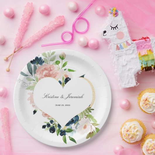 Elegant Navy Blauw Blush Roze Rose Bloemen Bruilof Papieren Bordje (Feest)