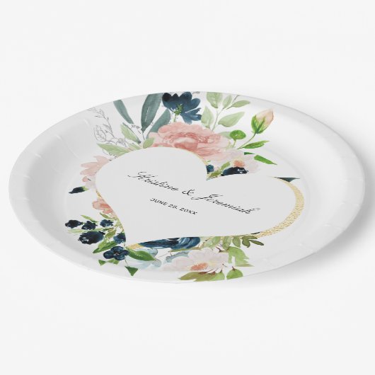 Elegant Navy Blauw Blush Roze Rose Bloemen Bruilof Papieren Bordje (Gekanteld)