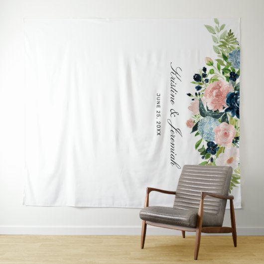 Elegant Navy Blauw Blush Roze Rose Bloemen Bruilof Wandkleed (In Situ (horizontaal))