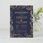 Elegant Navy Blauw en Goud Bloemen Verloving Kaart (Staand voorkant)
