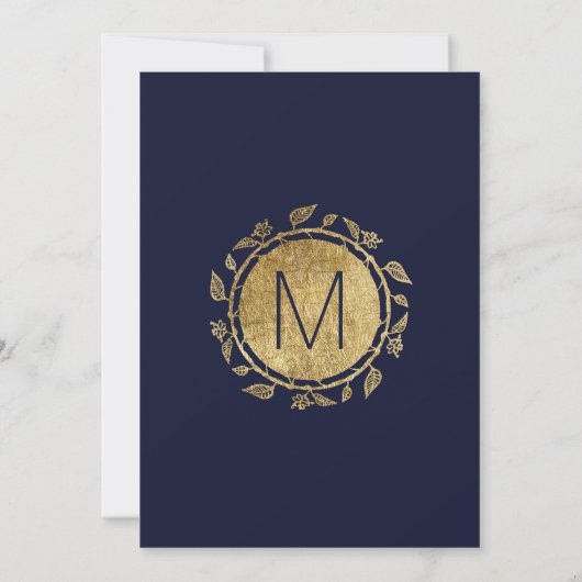 Elegant Navy Blauw en Goud Bloemen Verloving Kaart (Achterkant)