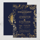 Elegant Navy Blauw en Goud Bloemen Verloving Kaart (Voorkant / Achterkant)