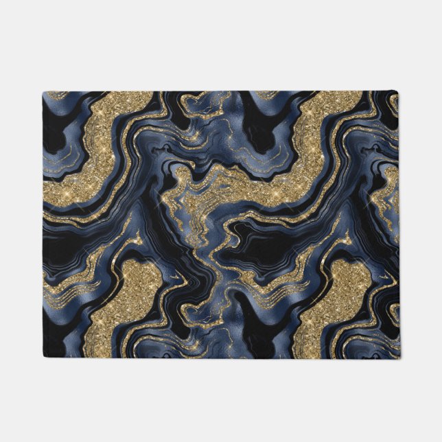 Elegant Navy Blauw en Goud Glitter Agaat Patroon Deurmat (Voorkant)