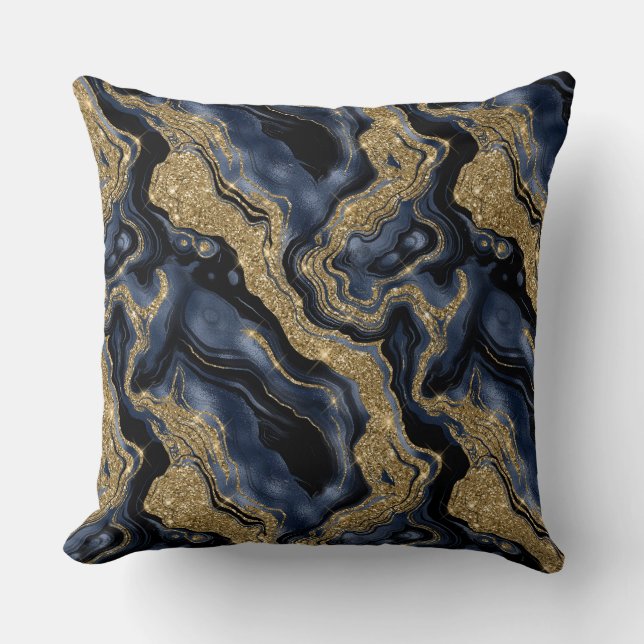 Elegant Navy Blauw en Goud Glitter Agaat Patroon Kussen (Voorkant)