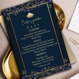 Elegant Navy Blauw en Goud Graduation Party Menu Kaart