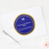 Elegant Navy Blauw en Goud Monogram Adres Ronde Sticker (Envelop)