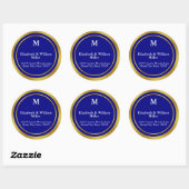 Elegant Navy Blauw en Goud Monogram Adres Ronde Sticker (Vel)