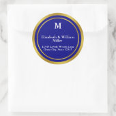 Elegant Navy Blauw en Goud Monogram Adres Ronde Sticker (Tas)