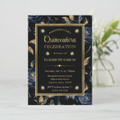 Elegant Navy Blauw en Goud Roos Bloemen Quinceaner Kaart (Staand voorkant)