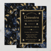 Elegant Navy Blauw en Goud Roos Bloemen Quinceaner Kaart (Voorkant / Achterkant)