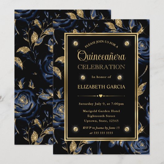 Elegant Navy Blauw en Goud Roos Bloemen Quinceaner Kaart (Voorkant / Achterkant)