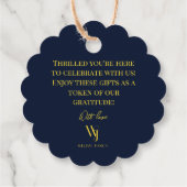 Elegant Navy Blauw en Gouden Bruiloft Favor Labels (Achterkant)