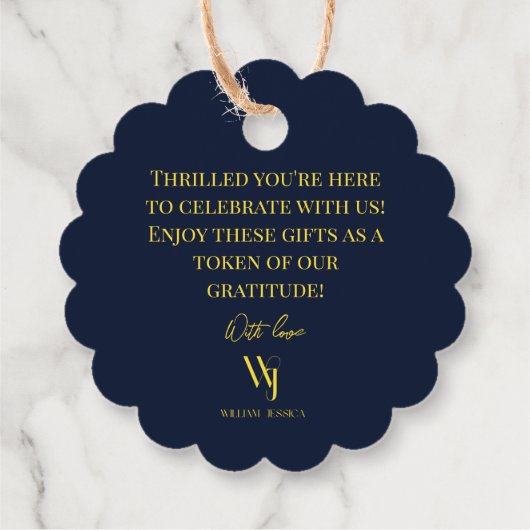 Elegant Navy Blauw en Gouden Bruiloft Favor Labels (Achterkant)