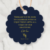 Elegant Navy Blauw en Gouden Bruiloft Favor Labels (Voorkant)