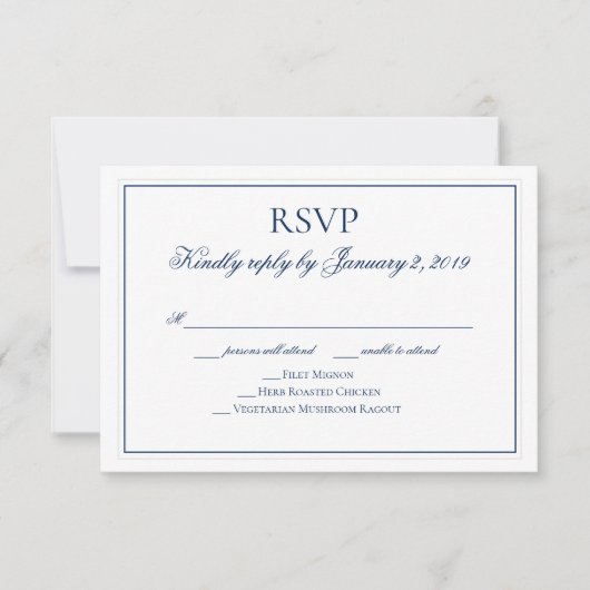 Elegant Navy Blauw en Wit Bruiloft RSVP Kaartje (Voorkant)