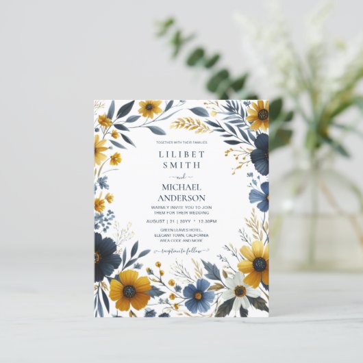 Elegant Navy Blauw Geel Goud Bloemen Bruiloft (Staand voorkant)