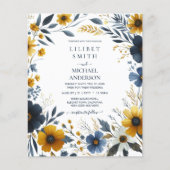 Elegant Navy Blauw Geel Goud Bloemen Bruiloft (Voorkant)