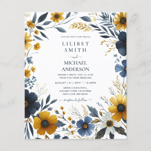 Elegant Navy Blauw Geel Goud Bloemen Bruiloft (Voorkant)