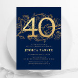 Elegant Navy Blauw Goud 40e Verjaardag Kaart<br><div class="desc">Elegante navy blauw goud 40e verjaardag feestuitnodiging.  modern vrouwelijk design met rozen botanische accenten en faux glitter gold. Eenvoudige bloemenuitnodigingskaart perfect voor een stijlvol vrouwen dagfeest. Personaliseer met je eigen gegevens. Gedrukte Zazzle-uitnodigingen of direct download digitale afdrukbare sjabloon.</div>