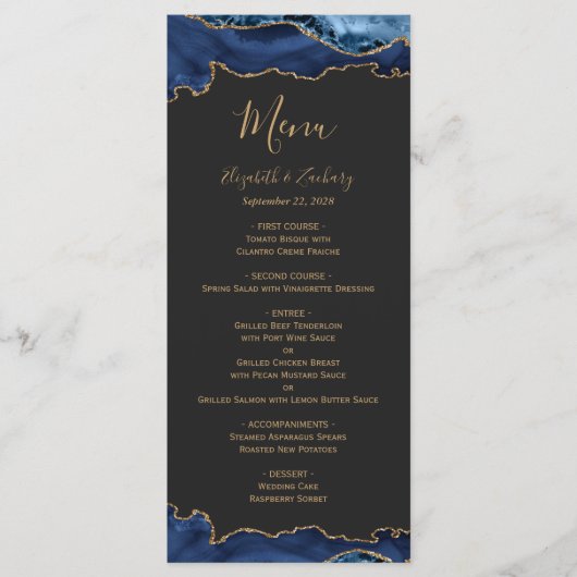 Elegant Navy Blauw Goud Agaat Donker Bruiloft Menu (Voorkant)