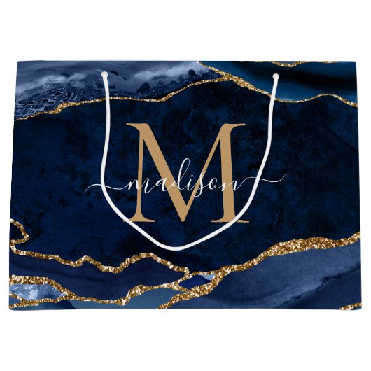 Elegant Navy Blauw Goud Agaat Geode Girly Monogram Groot Cadeauzakje (Voorkant)