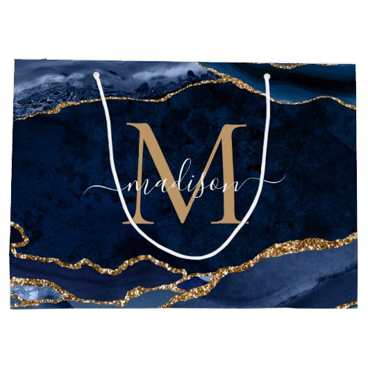 Elegant Navy Blauw Goud Agaat Geode Girly Monogram Groot Cadeauzakje (Achterkant)