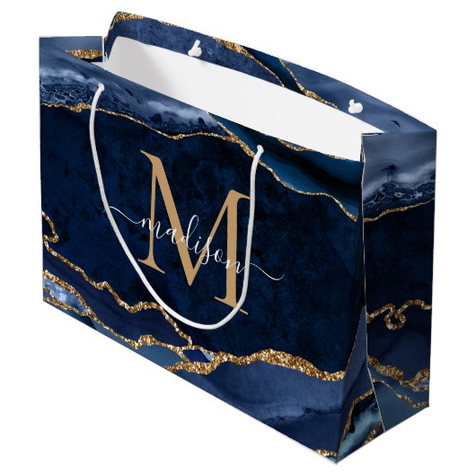 Elegant Navy Blauw Goud Agaat Geode Girly Monogram Groot Cadeauzakje (Achterkant Gekanteld)