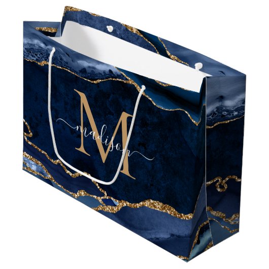 Elegant Navy Blauw Goud Agaat Geode Girly Monogram Groot Cadeauzakje (Voorkant Gekanteld)
