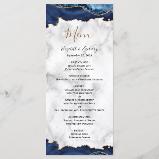 Elegant Navy Blauw Goud Agaat Marmer Bruiloft Menu (Voorkant)