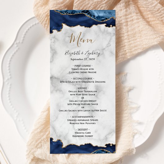 Elegant Navy Blauw Goud Agaat Marmer Bruiloft Menu