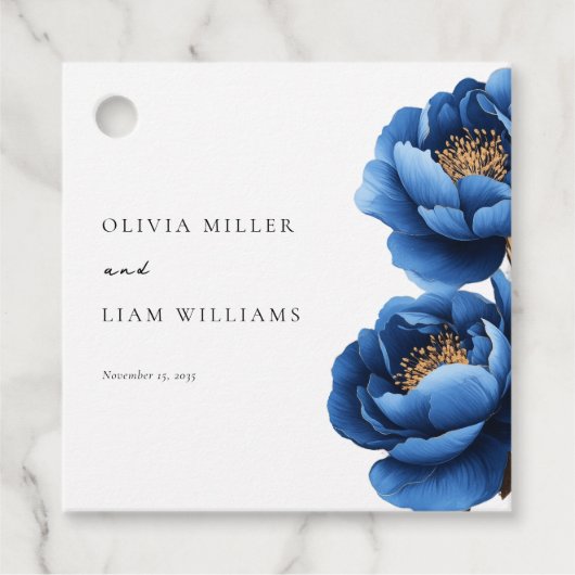 Elegant Navy Blauw Goud Bloemen Bruiloft Bedankjes Labels (Voorkant)