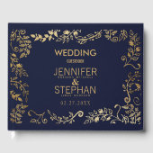 Elegant Navy Blauw Goud Bloemen Bruiloft Gastenboek (Voorkant)