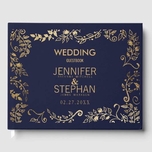Elegant Navy Blauw Goud Bloemen Bruiloft Gastenboek (Voorkant)