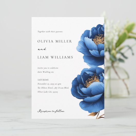 Elegant Navy Blauw Goud Bloemen Bruiloft Kaart (Staand voorkant)