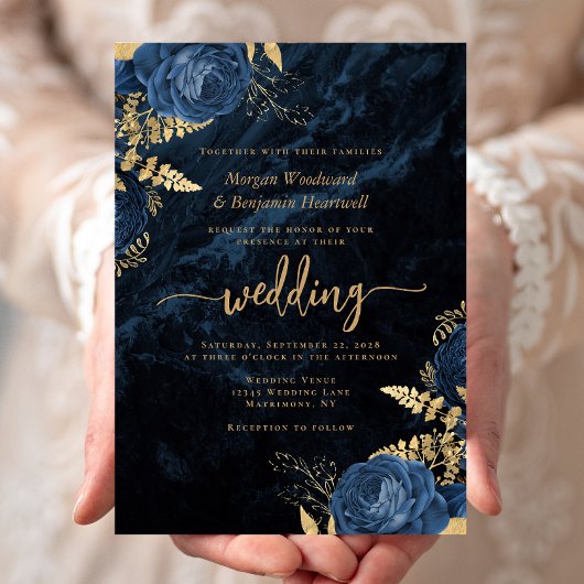 Elegant Navy Blauw Goud Bloemen Bruiloft Kaart