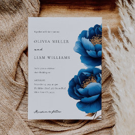 Elegant Navy Blauw Goud Bloemen Bruiloft Kaart